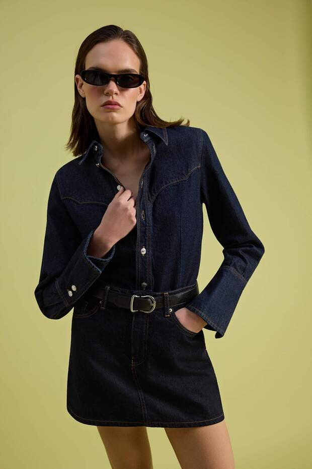Koyu Mavi %100 Pamuk Yüksek Bel Denim Şort Etek TWOSS26SR00110 - 2