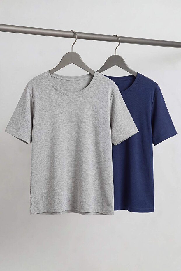 Gri Melanj-Lacivert 2'li Paket Bisiklet Yaka Basic Kaşkorse Örme Büyük Beden Bluz TBBSS26AF00131 - 6