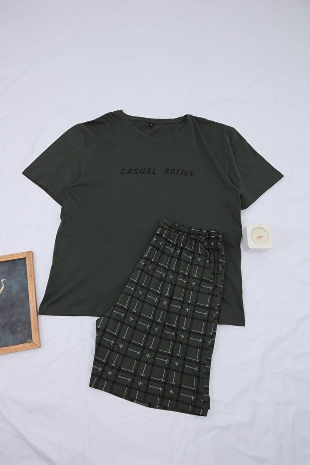 Büyük Beden Haki Regular Ekose/Kareli Pamuklu Büyük Beden Pijama Takımı TMNSS26AI00012 - 3