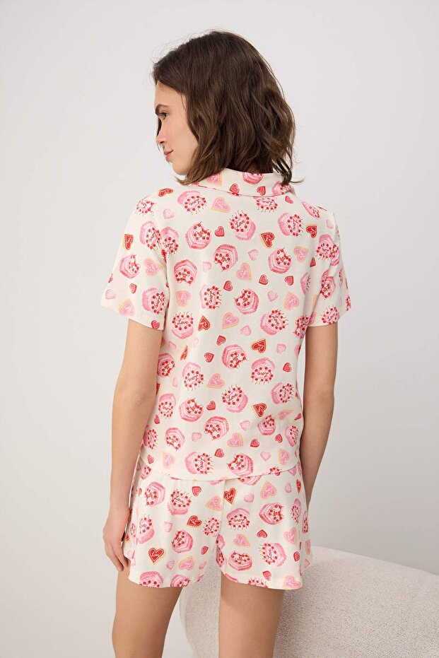 Ekru-Pembe %100 Pamuklu Pasta ve Kalp Desenli Örme Pijama Takımı THMSS26PT00168 - 4