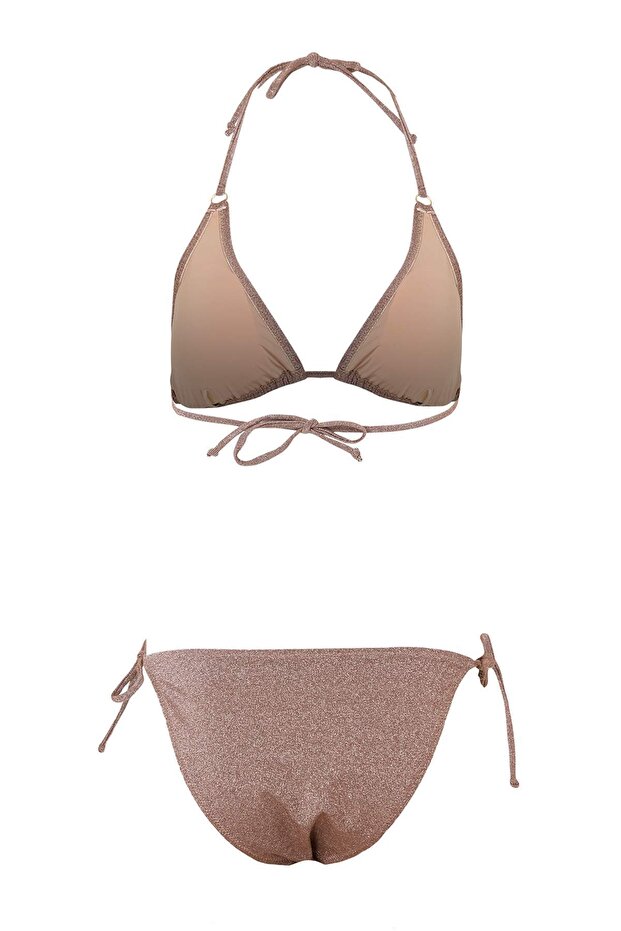 Kahverengi Simli Üçgen Kaplı Tokalı Normal Bel Regular Bikini Takımı TBESS26BT00046 - 5