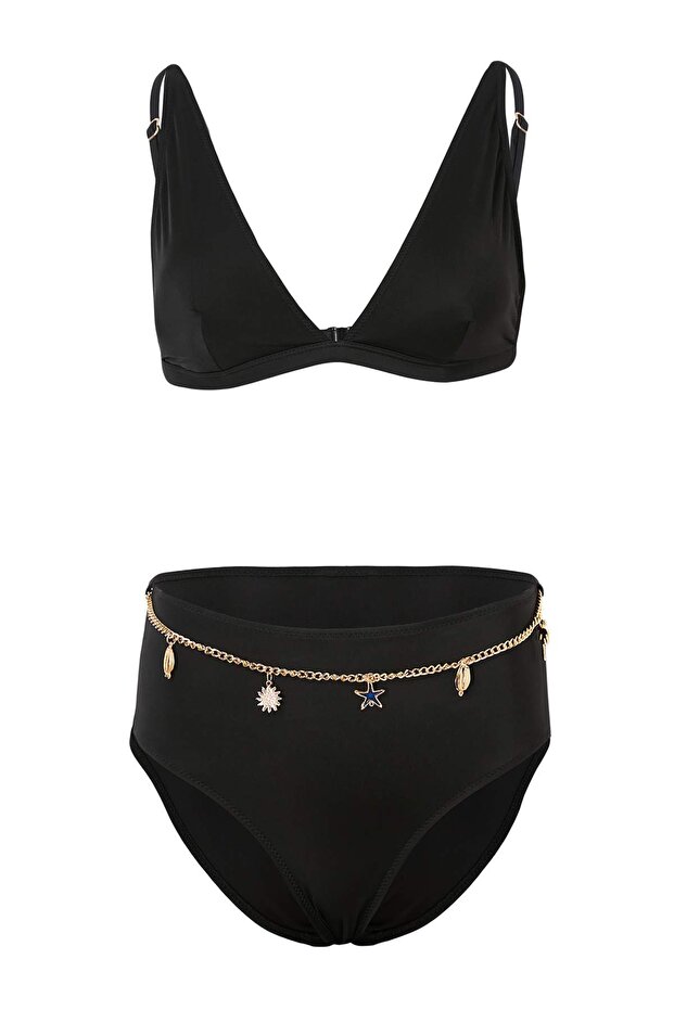 Siyah Üçgen Kaplı Zincir Charm Aksesuarlı Yüksek Bel Regular Bikini Takımı TBESS26BT00104 - 5