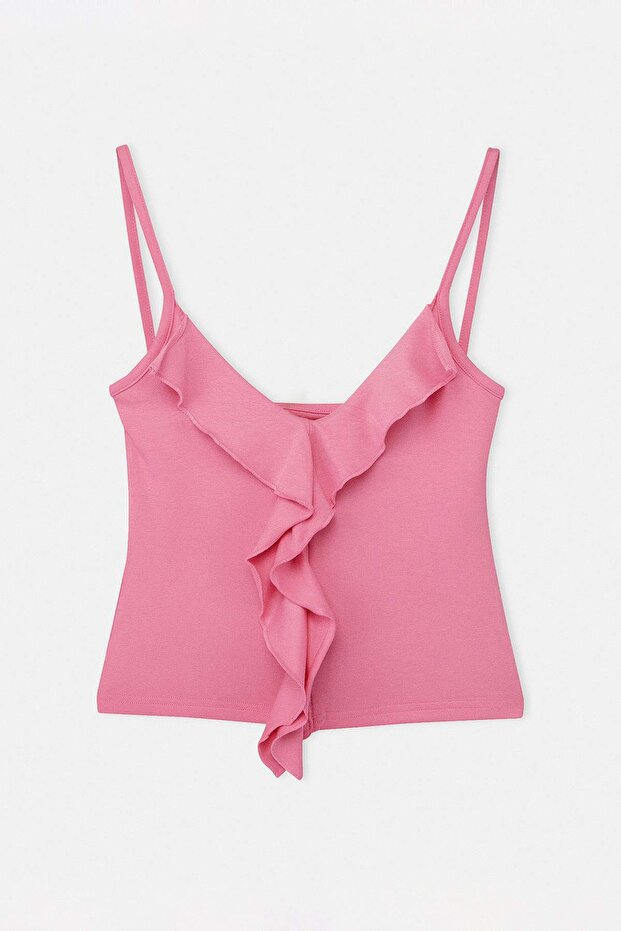 Pembe Pembe Askılı Fırfırlı Fitted/Vücuda Oturan Örme Büyük Beden Bluz TBBSS26AF00163 - 5