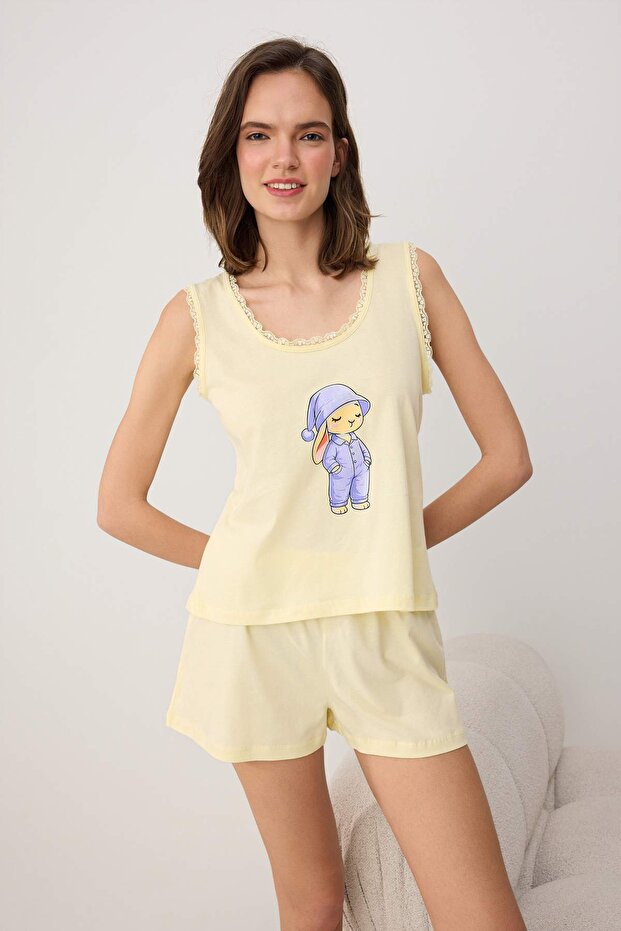 Trendyolmilla  Sarı %100 Pamuklu Baskılı Dantel Detaylı Örme Pijama Takımı THMSS26PT00175 - Görsel 2