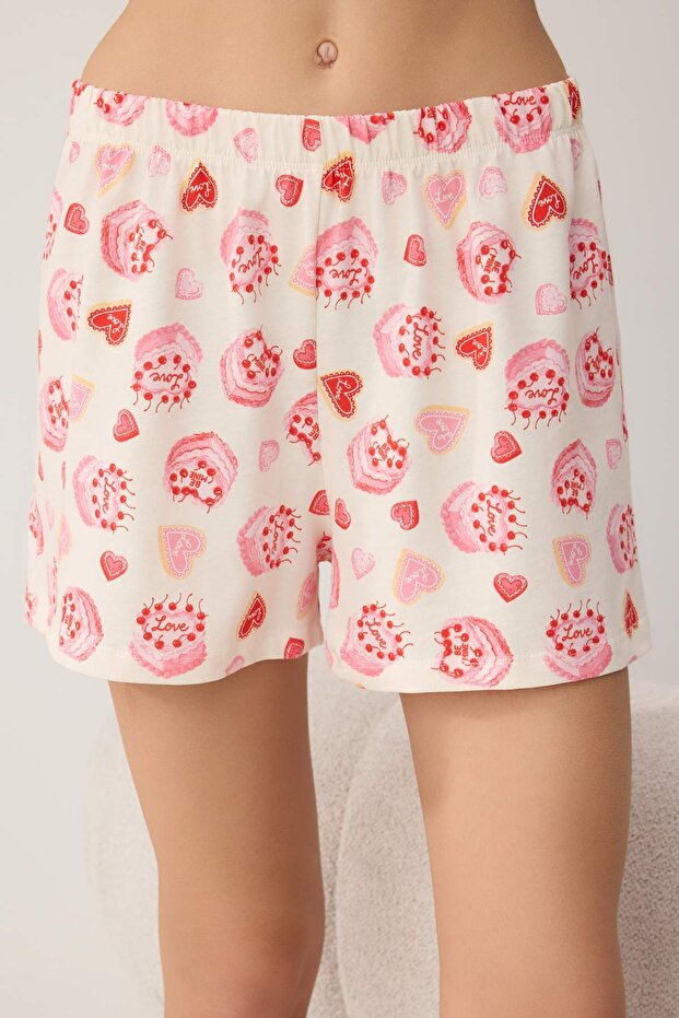Ekru-Pembe %100 Pamuklu Pasta ve Kalp Desenli Örme Pijama Takımı THMSS26PT00168 - 3
