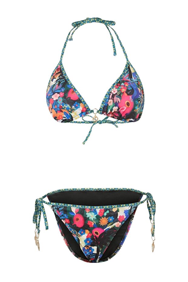 Çiçek Desenli Üçgen Kaplı Charm Aksesuarlı Normal Bel Regular Bikini Takımı TBESS26BT00080 - 4