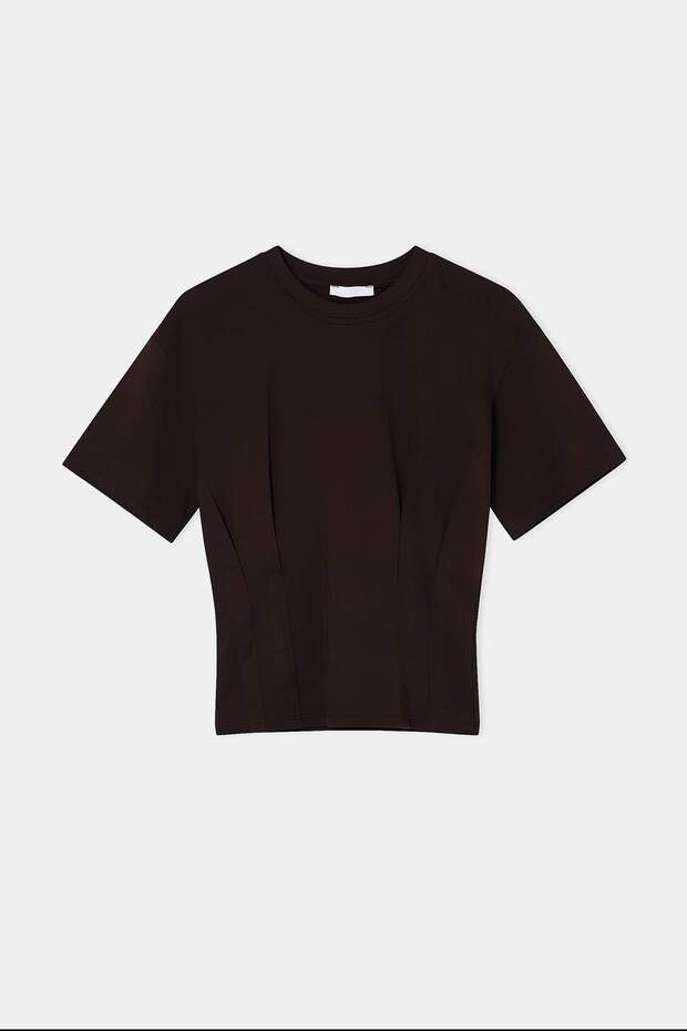 Brown Crew Neck Tshirt with Pleated Waist Tdrss26Ts00021