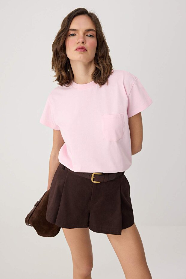 Pembe Regular/Normal Kalıp Düşük Kol Kısa Kollu Pamuklu Örme T shirt TWOSS26TS00278 - 1