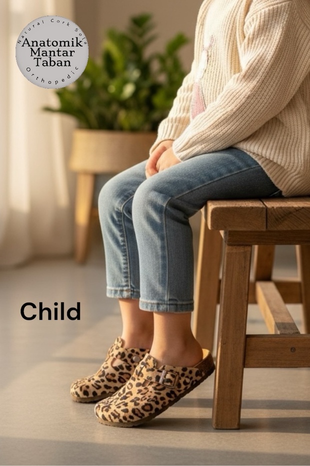 Child Anatomical Natural Cork Sole Genuine Leather Leopard Printed Pcs Arch Support Slipper