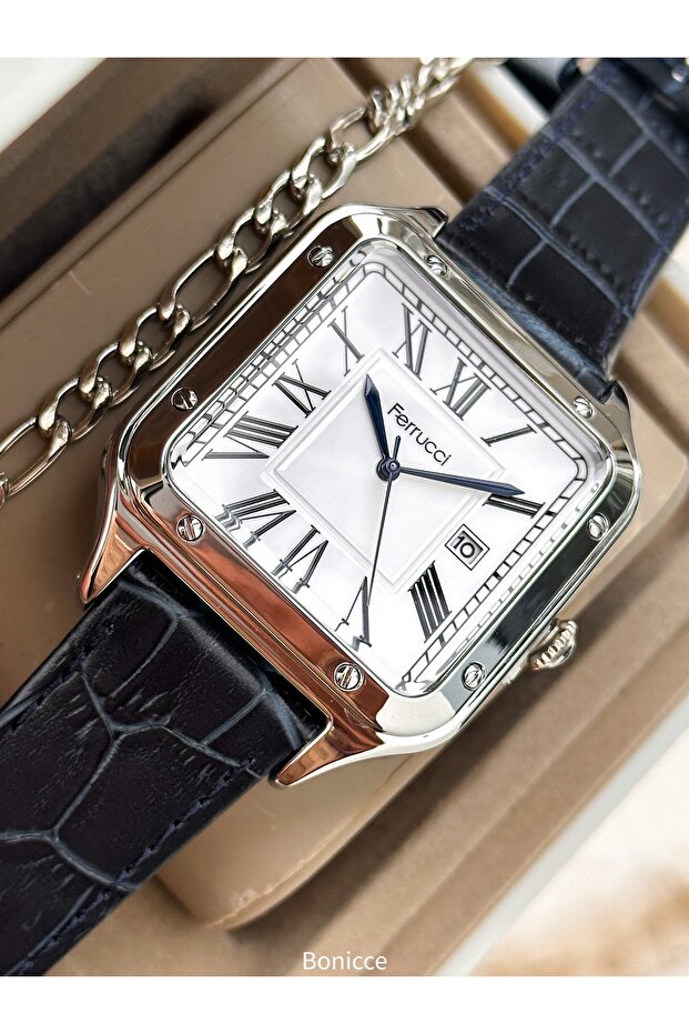 Navy Blue Leather Cord, Silver Square Case, with Calendar, Roman Numeral Dial Men's Wristwatch with Bracelet Gift