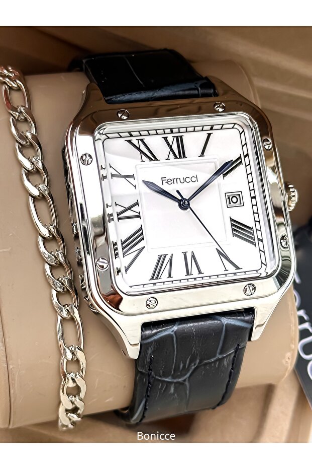 Navy Blue Leather Strap, Silver Gray Case, Calendar, Roman Numeral Dial, Men's Wristwatch with Bracelet as a Gift