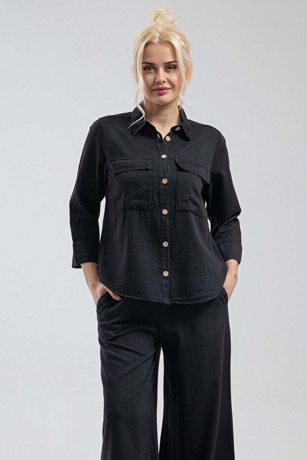Women's Black 100% Cotton 3/4 Sleeve Shirt with Large Pockets