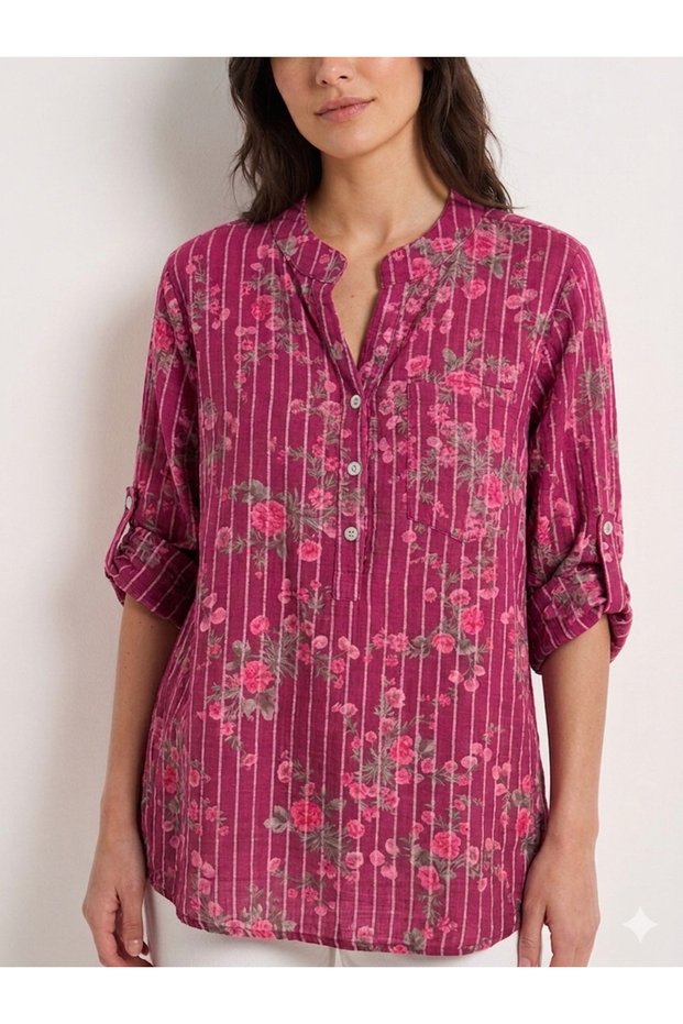 Women's Fuchsia Italian Line and Floral Patterned Fakir Sleeve Buttoned Judge Collar Blouse 40 - 44 Size