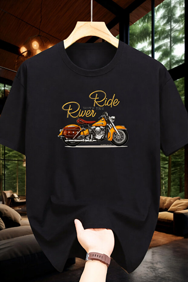 Unisex Cotton Black Oversize "Ride with the River" Printed Crew Neck Comfortable T-Shirt