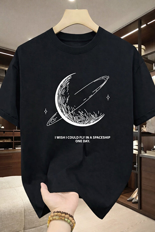 Unisex Cotton Black Oversize "Space and Planet" Printed Crew Neck Comfortable T-Shirt