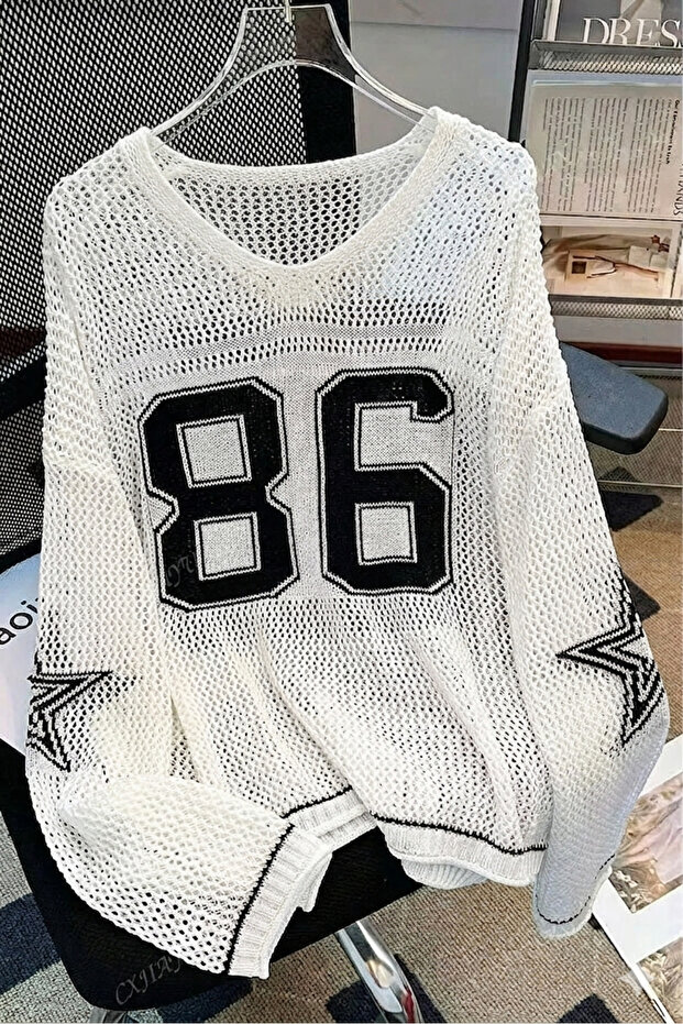 Boston 86 Knitwear Sweater Oversize Star Patterned Women's Sweater – White/Black/Brown
