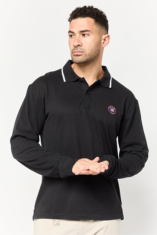 Men Regular Fit Long Sleeve Brand Logo Polo Shirt, Black