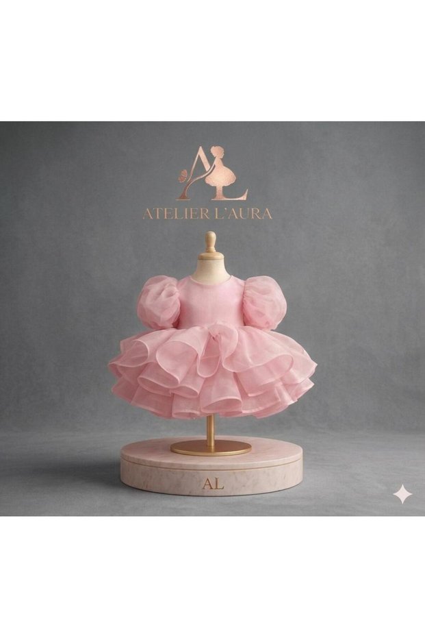 Girl's Dress Powder Pink Balloon Sleeve Bow Tutu Princess Birthday Party Dress