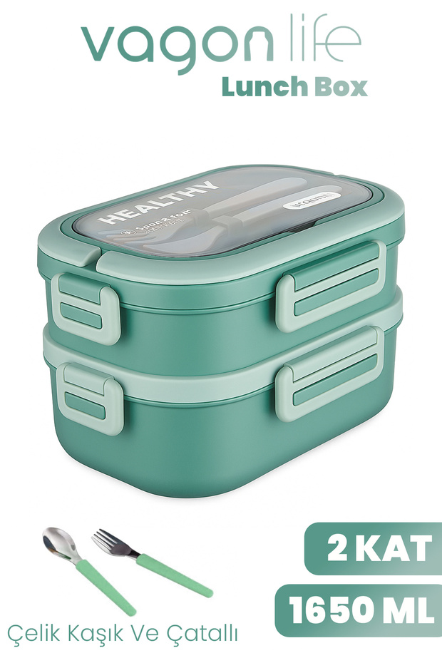 1650 ml Two Layers Three Compartments Stainless Steel Lunch Box New Generation Lunch Box - with Spoon and Fork -6715