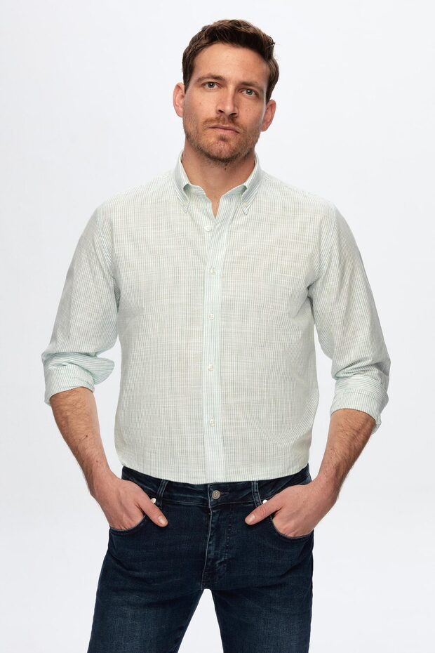 Slim Fit Green Thin Striped Buttoned Collar 100% Cotton Flame Summer Linen Look Shirt