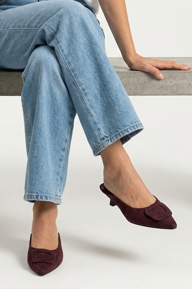 , Women's Genuine Leather Heels Slipper 1611059Z65100 Claret Red