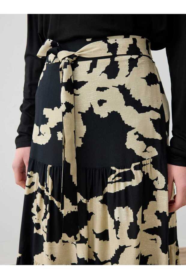 Printed Viscous Skirt - Black - Beige Patterned - Refka - 5