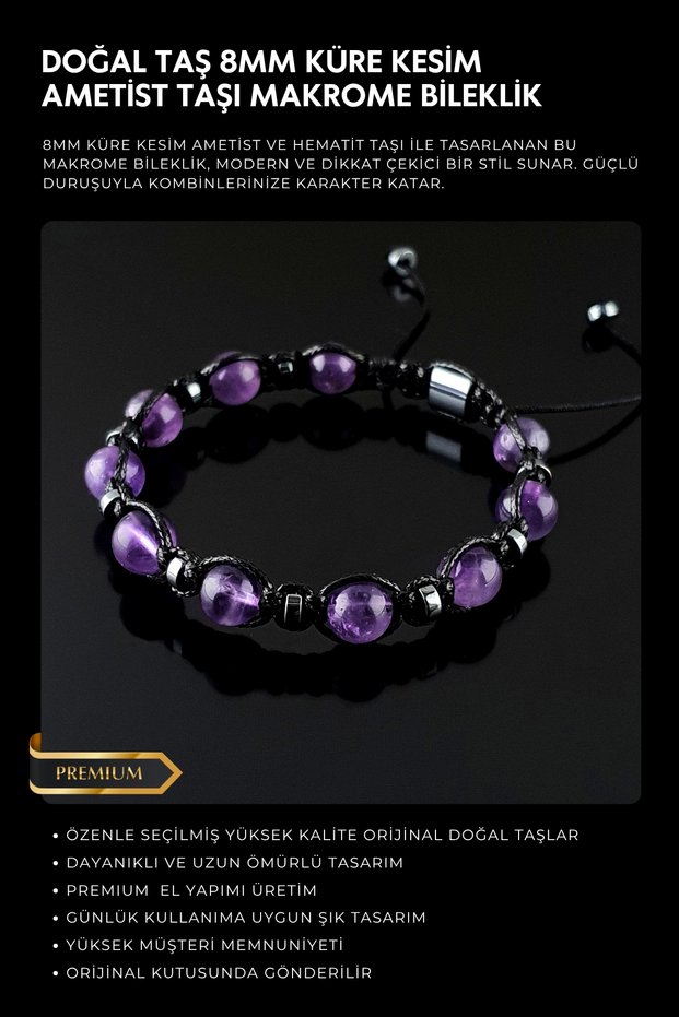 Natural Stone Bracelet, Amethyst and Hematite Stone, Adjustable, Men's Bracelet, Women's Bracelet