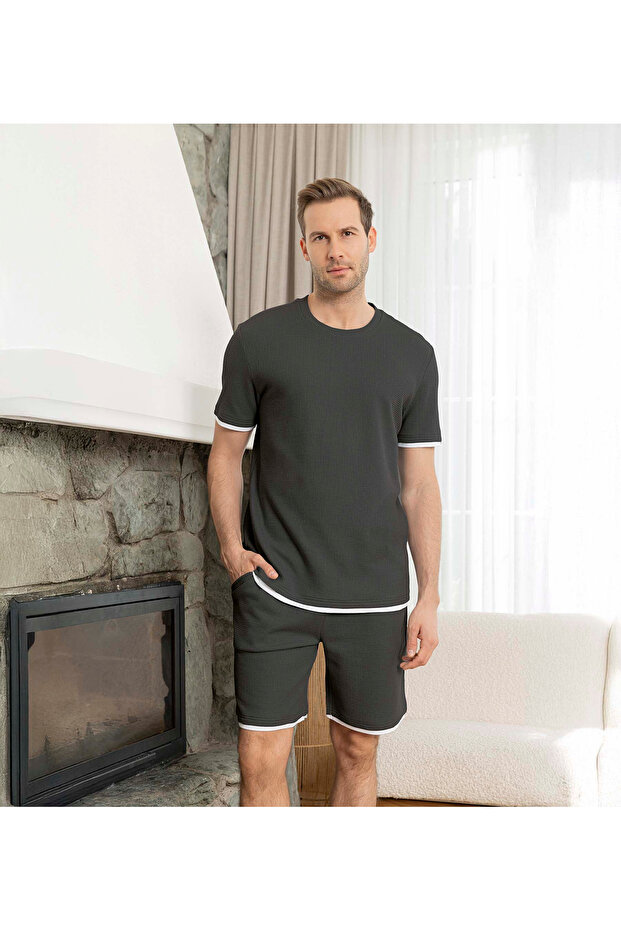 Lodos Store Men's Short Sleeve Shorts Waffle Textured Pajama Set Relaxed Fit Dark Smoked