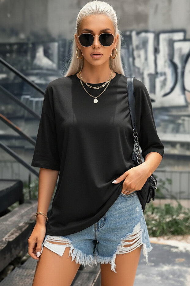 Black Basic Plain Unprinted Oversize Salas Boyfriend Women's T-Shirt