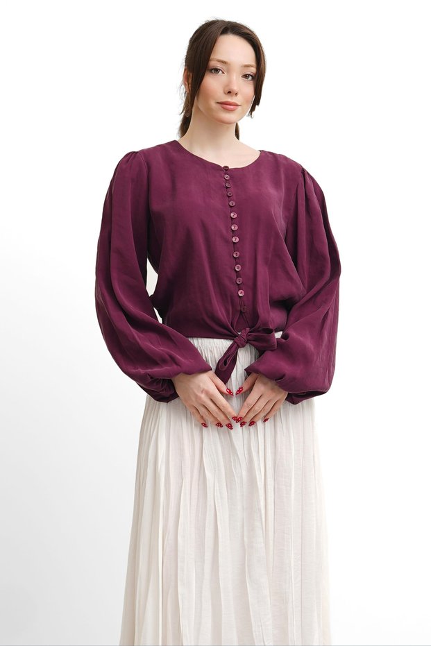 Molly Nelly Women's Tie-Up Balloon Sleeve Shirt