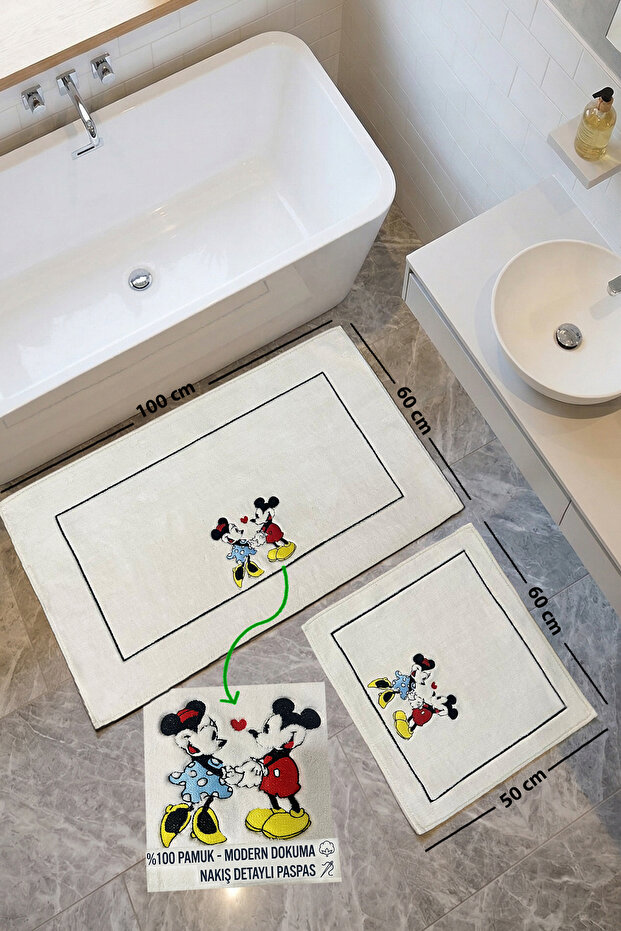 Mincar Ecru Embroidered 2-Piece 100% Cotton Washable Bathroom Rug Set