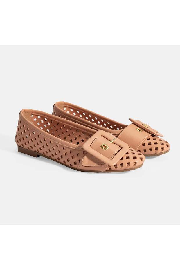Women's Pink Perforated Leather Ballerinas with Buckle Accessories