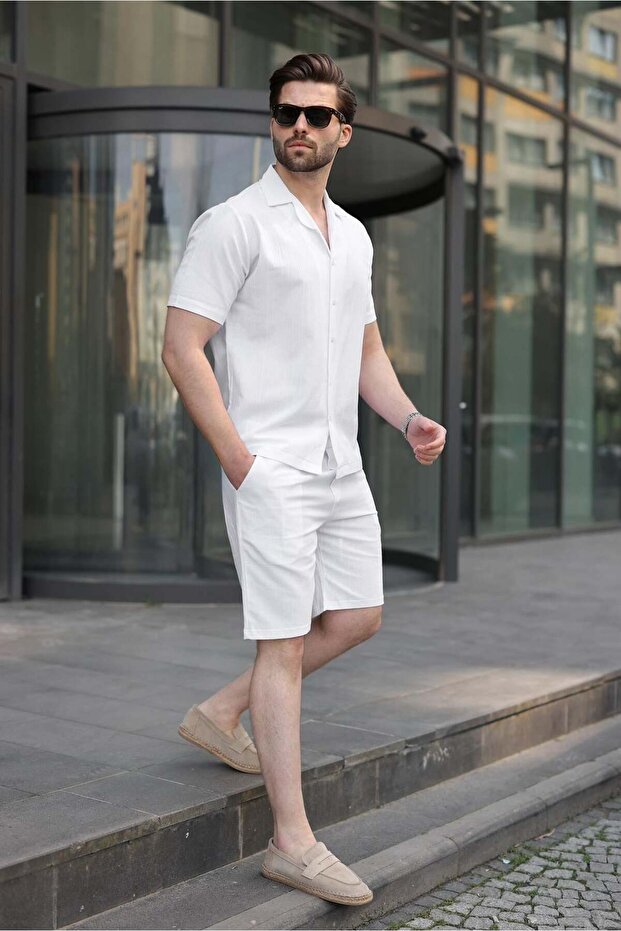 طقم شورت قميص رجالي أبيض 5956