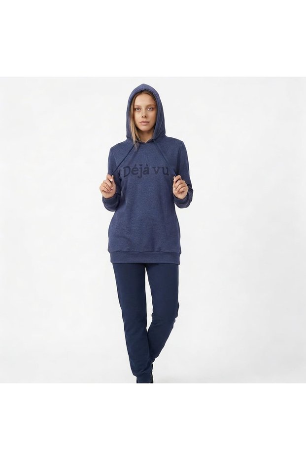 Women's Navy Blue Hooded Viscose Tracksuit Set Comfortable Fit