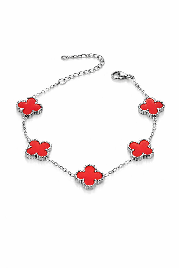 316L Steel Silver Color Red Enamel Clover Bracelet