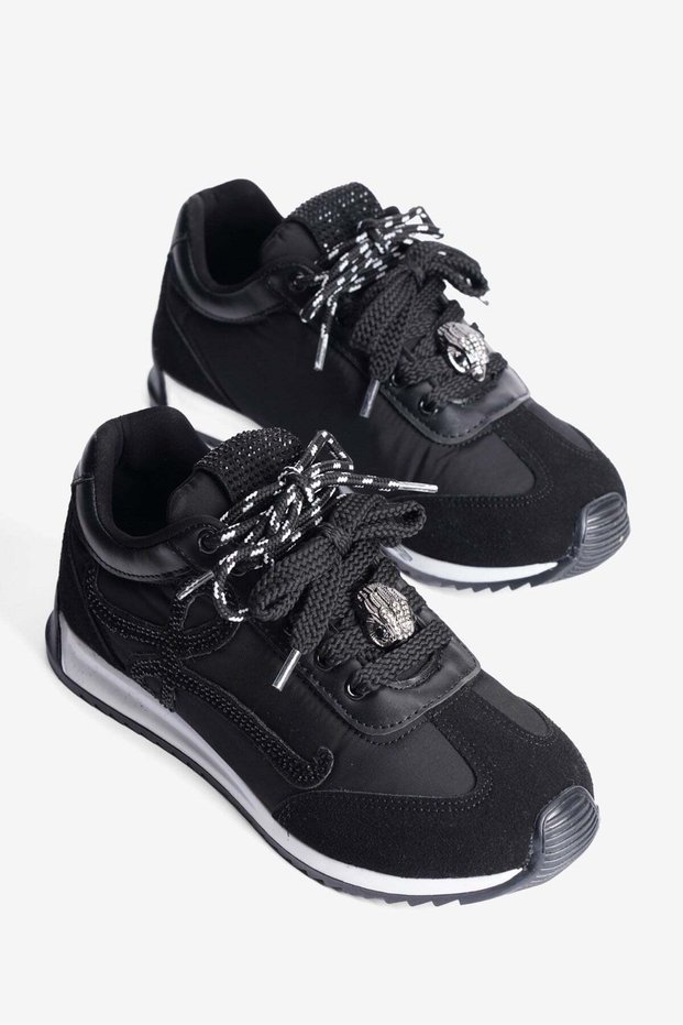 Women's Anorak Sneaker with Suede Detail and Bird Accessories, Lace-Up Sports Shoes, Aquila Black