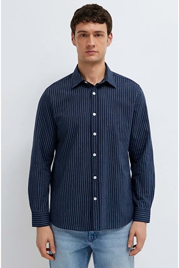 M0212004 Linen Blend Shirt Regular Fit Men's Shirt Dark Blue