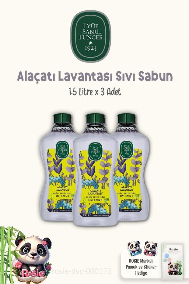 3-Pack Eyüp Sabri Tuncer Alaçatı Lavender Liquid Soap 1.5 Lt and 100% Cotton Rosie