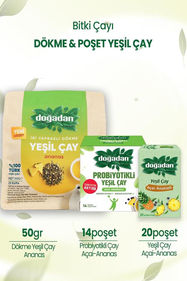 Bulk Green Tea Pineapple 50 Gr & Açai Pineapple Cup Tea Bags & Probiotic Green Tea Açai