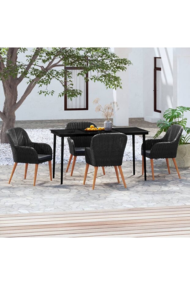 5 Piece Garden Dining Set with Cushions Black