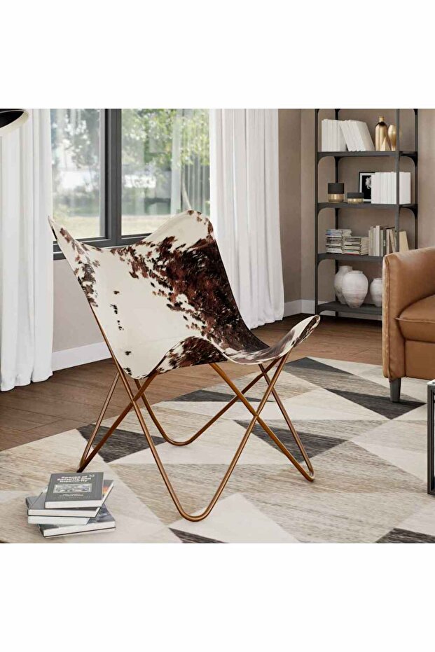 Butterfly Chair Brown and White Real Cowhide Leather