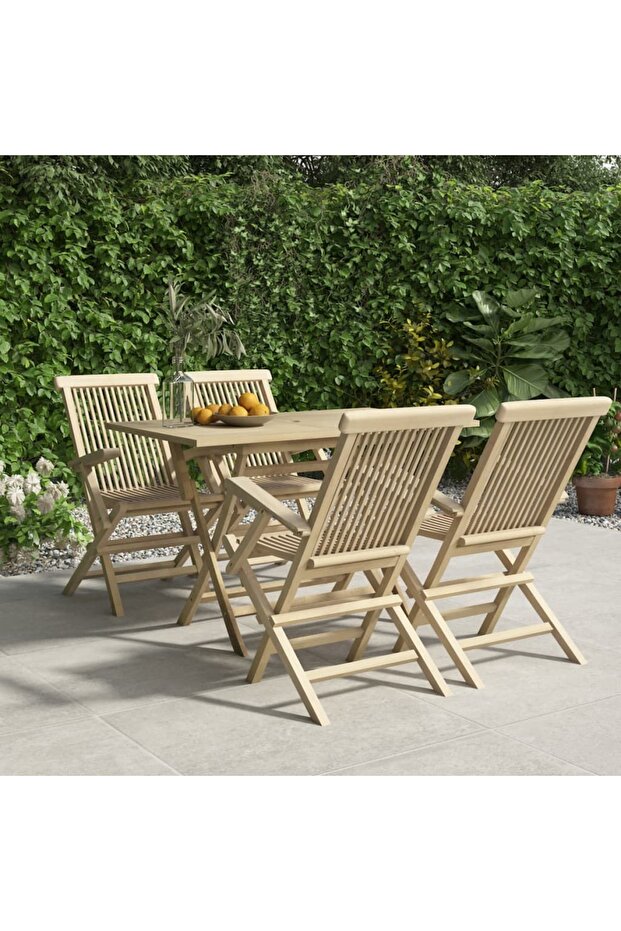5 Piece Garden Dining Set Grey Solid Wood Teak