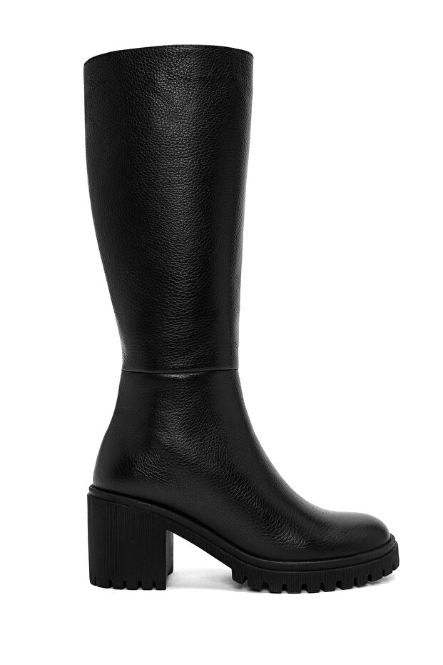 Women's Black Zippered Thick Heeled Leather Boots 25Wfd2014Ft