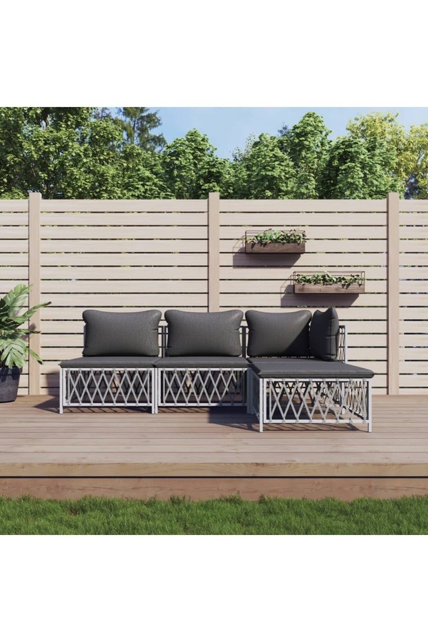 4 Piece Garden Lounge Set with Cushions White Steel
