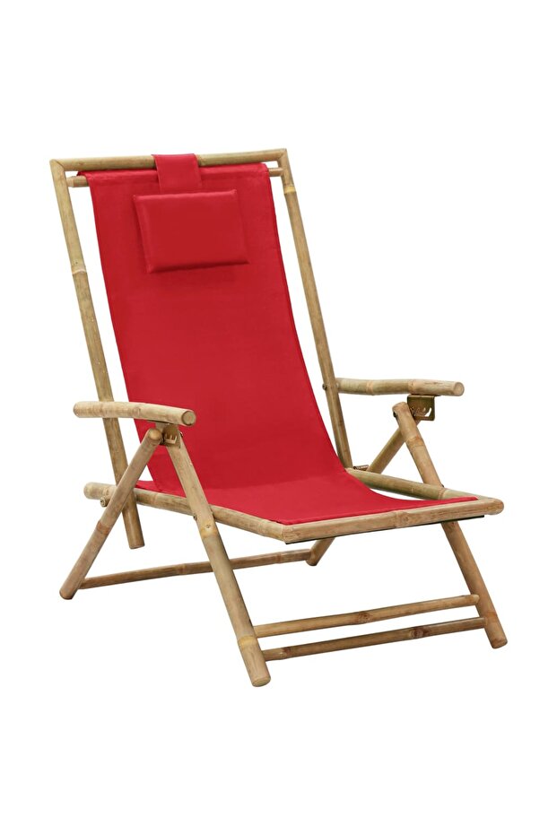 Reclining Relaxing Chair Red Bamboo and Fabric