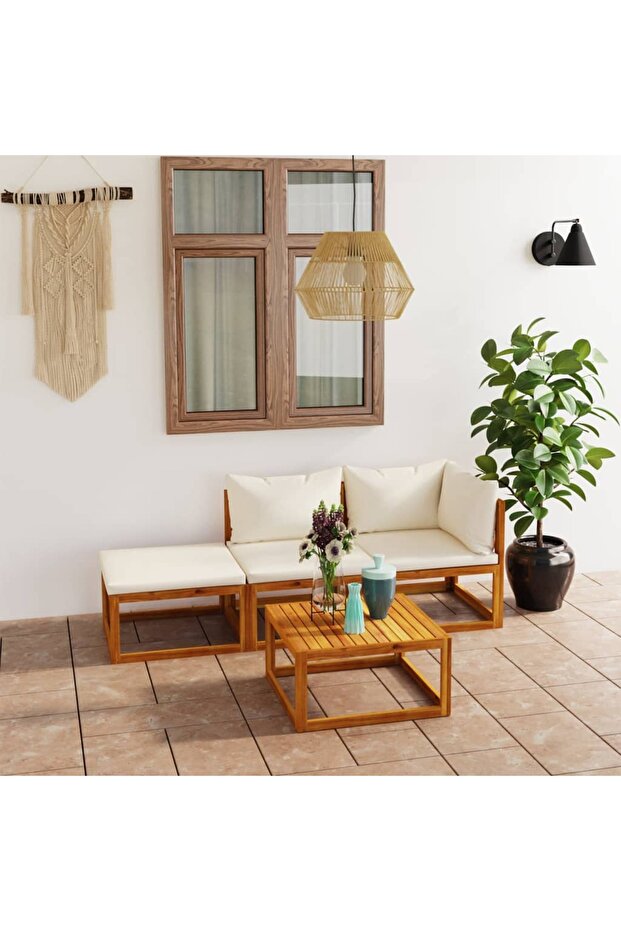 4 Piece Garden Lounge Set with Cushion Cream Solid Acacia Wood