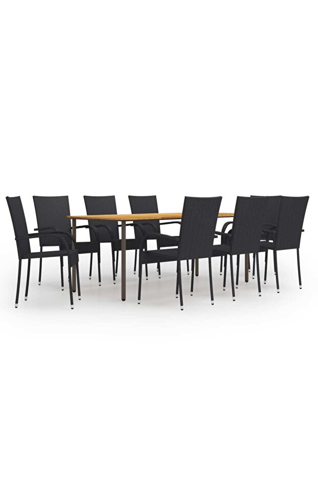 9 Piece Garden Dining Set Poly Rattan Black