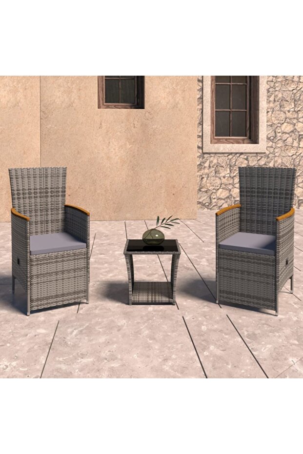 3 Piece Garden Lounge Set with Cushions Poly Rattan Grey