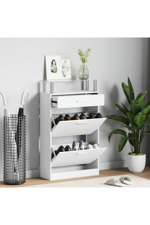 Shoe Cabinet with a Drawer and a Top Glass Shelf Wood White