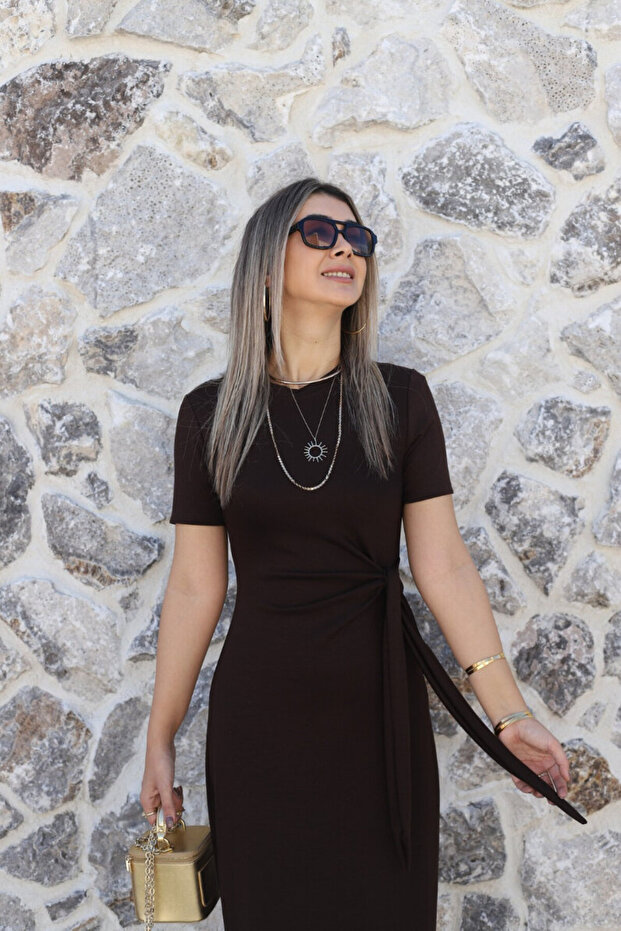 Coffee Basic Side Tie Dress - 3